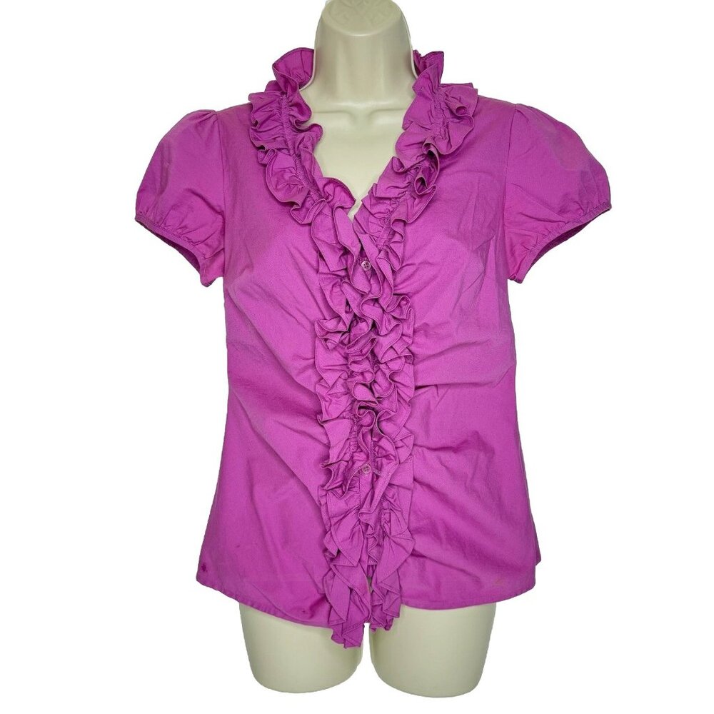 ANN TAYLOR LOFT Y2K Ruffled Trim Cap Sleeve Pink Top Shirt 0 P Coquette Peasant
